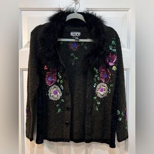 VTG Berek Floral Sequin Cardigan Sweater Size S Jeweled Buttons Velvet Faux Fur
